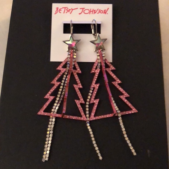Betsey Johnson Silver Tone & Pink Metal Christmas Tree Drop Earrings Fringe NWT - Picture 2 of 13